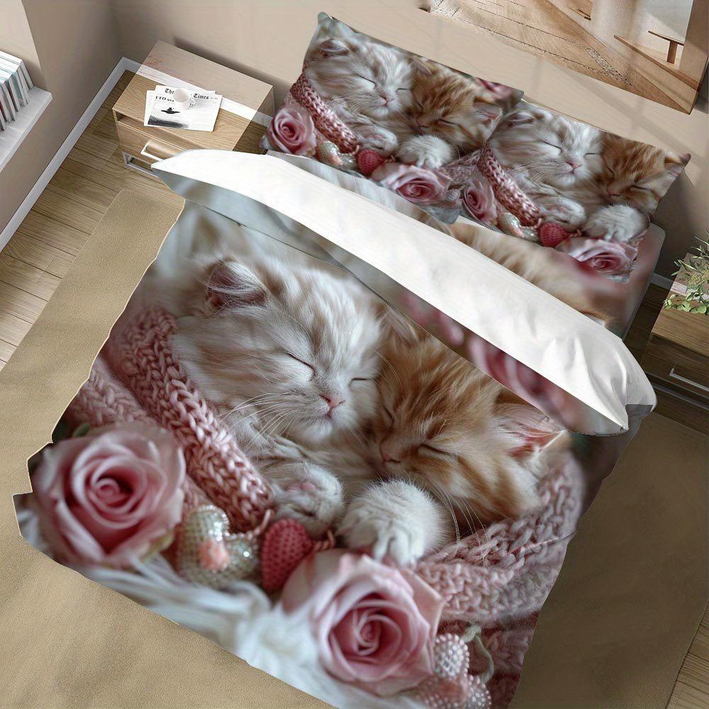 Lifesmells 2/3pcs Adorable Sleeping Kittens Duvet Cover Set Sweet Kitten Pattern Bed Cover Set Cozy and Charming Bedding Set
