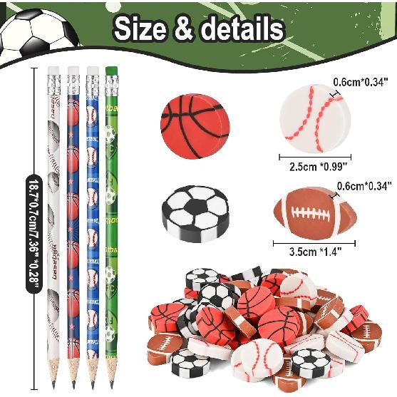Goldge 48 Sports Pencils for Kids and 48 Pcs Erasers, Baseball Soccer Basketball Pencils #2, Fun Pencils Erasers, Birthday Pencils, School Office