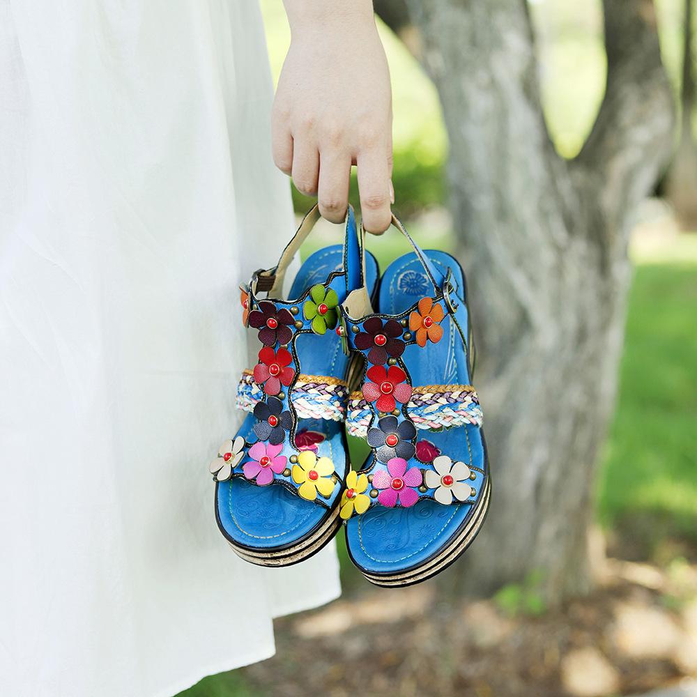 Handmade Painted Slippers For Women Loose Round Toe Ethnic Style Retro Flower Beach Sandals