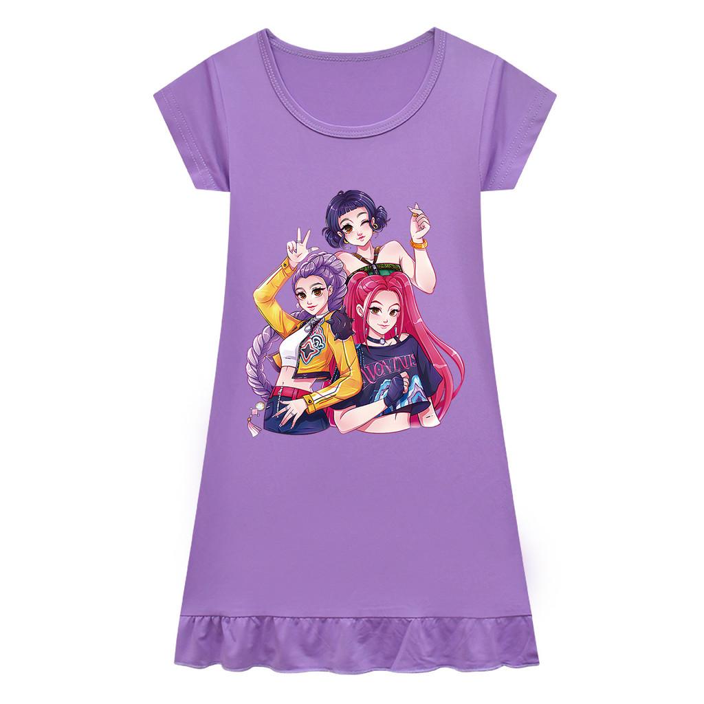 Kids Girls Anime Cartoon K-POP Rumi Zoey Mira Print Pleat Short Sleeve Casual Round Neck Dress