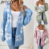 Autumn/Winter Mid-Length Cardigan for Women Loose-Fit Colour-Block Floral V-Neck Long-Sleeved Knitted Cardigan