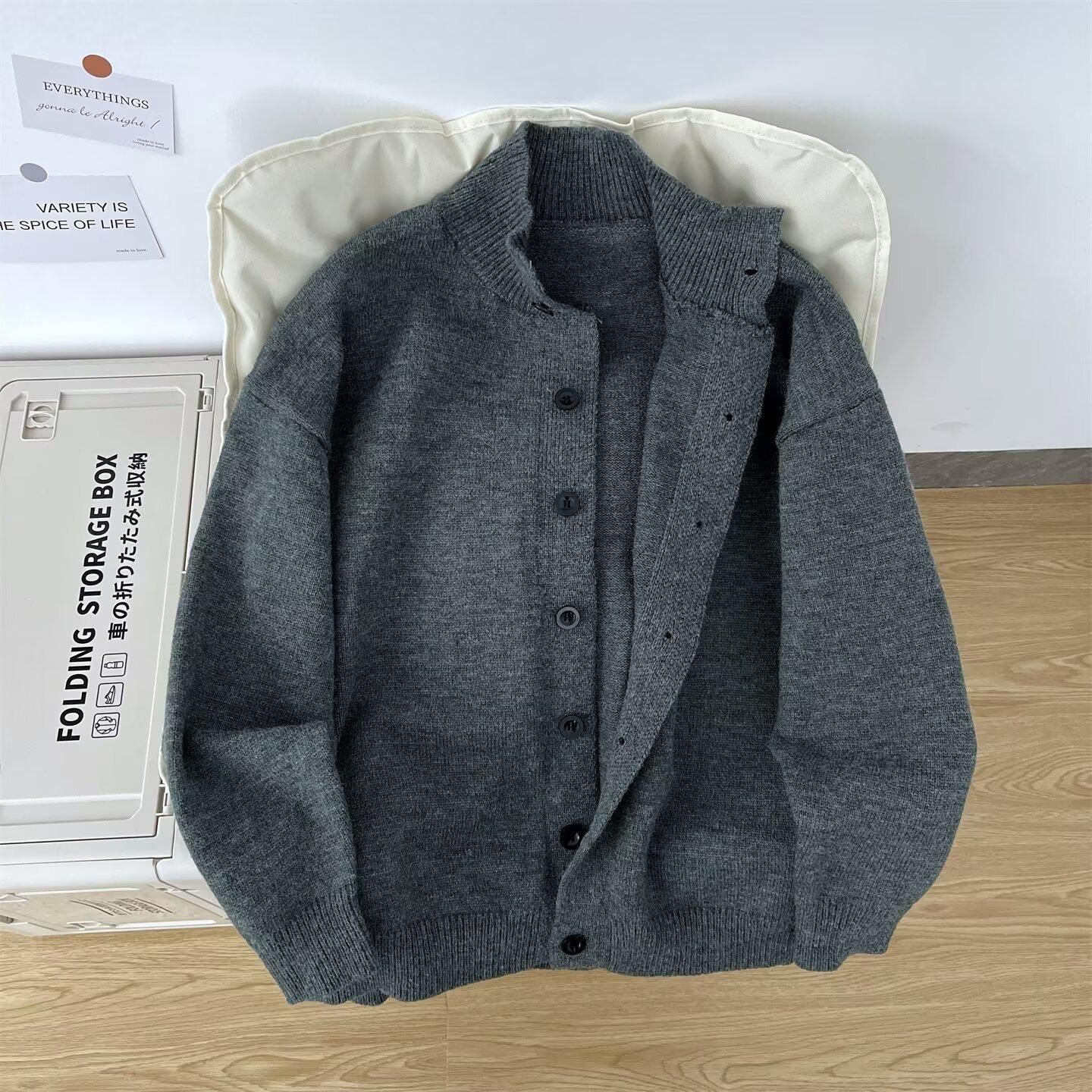 

2025 Autumn Unisex Retro Stand Collar Knit Cardigan Sweater - Casual Japanese Style Trendy Coat Large темно-сірий