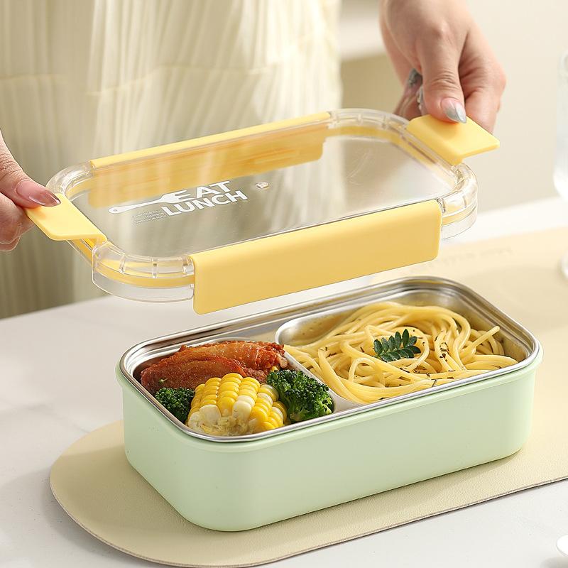 JUSTINLAU Portable Lunch Box Stainless Steel Bento Box Microwave Available Heating Student Staff Food Container with Fork Spoon