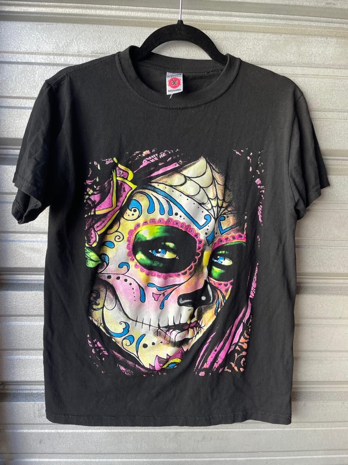 Rayton Playeras Dia De Los Muertos Painted Skull Black T-Shirt Men s M S
