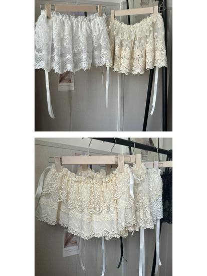 French Sweet Lace Panty Skirt: Women's Layered Slimming Skirt with White Lace Hem, Fake Two-Piece Design