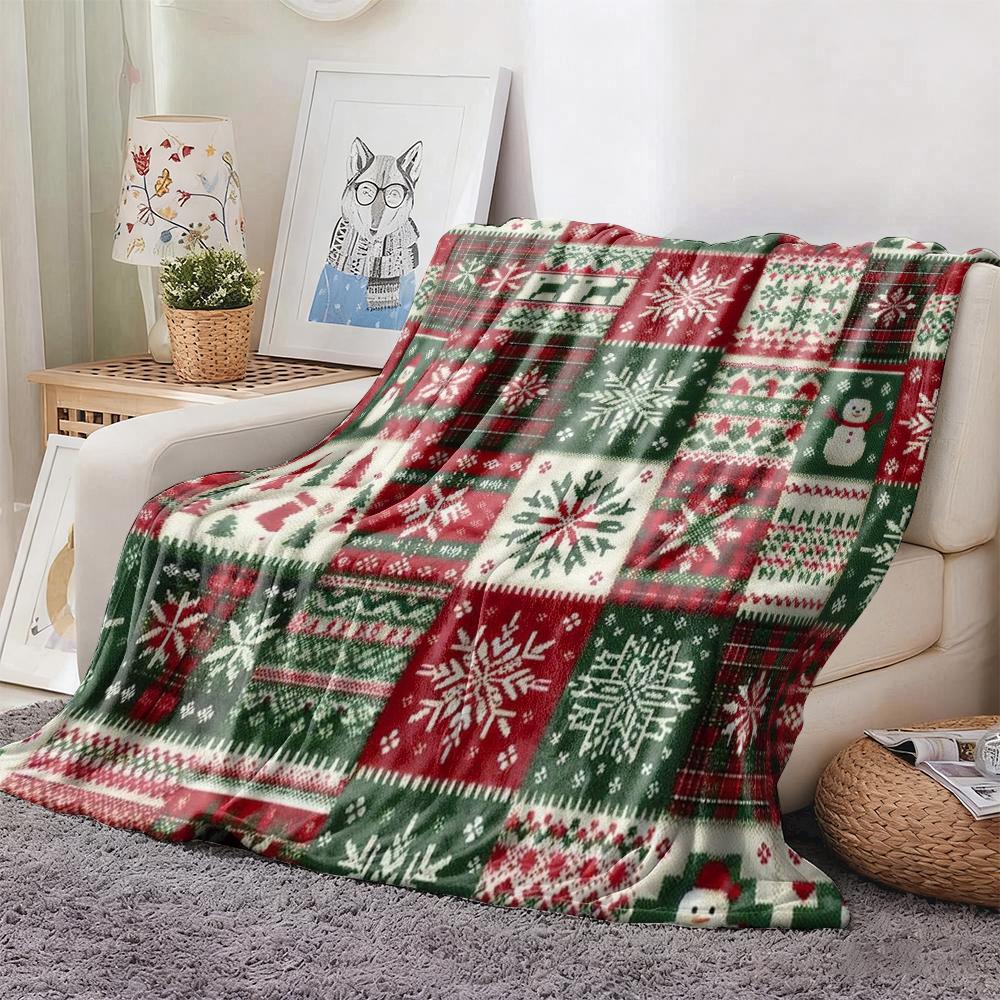 Weihnachtsstrick-Patchwork-Fleece-Decke, Festliche Schneeflocken- & Schneemann-Überwurfdecke, Weich, Kuschelig für Feiertags-Heimdeko & Geschenk