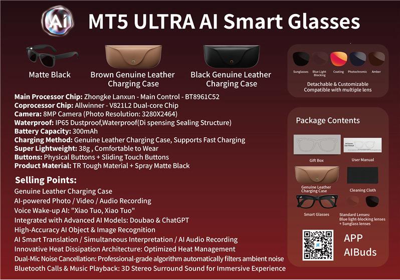 MT5Ultra AI Smart Glasses: Photo/Video, 8MP, Bluetooth Translation, Charging Included