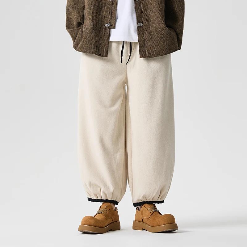 

Зимние мужские свободные толстые плюшевые брюки в китайском стиле, оверсайз спортивные штаны, стиль Ханьфу Тан, повседневные брюки, мужские флисовые брюки гаремы XL бежевый