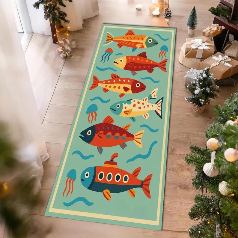 Colorful Fish Runner Rug Playful Cartoon Fish Long Carpet Ocean Theme Non-Slip Floormat Fun Home Decor for Hallway Living Room