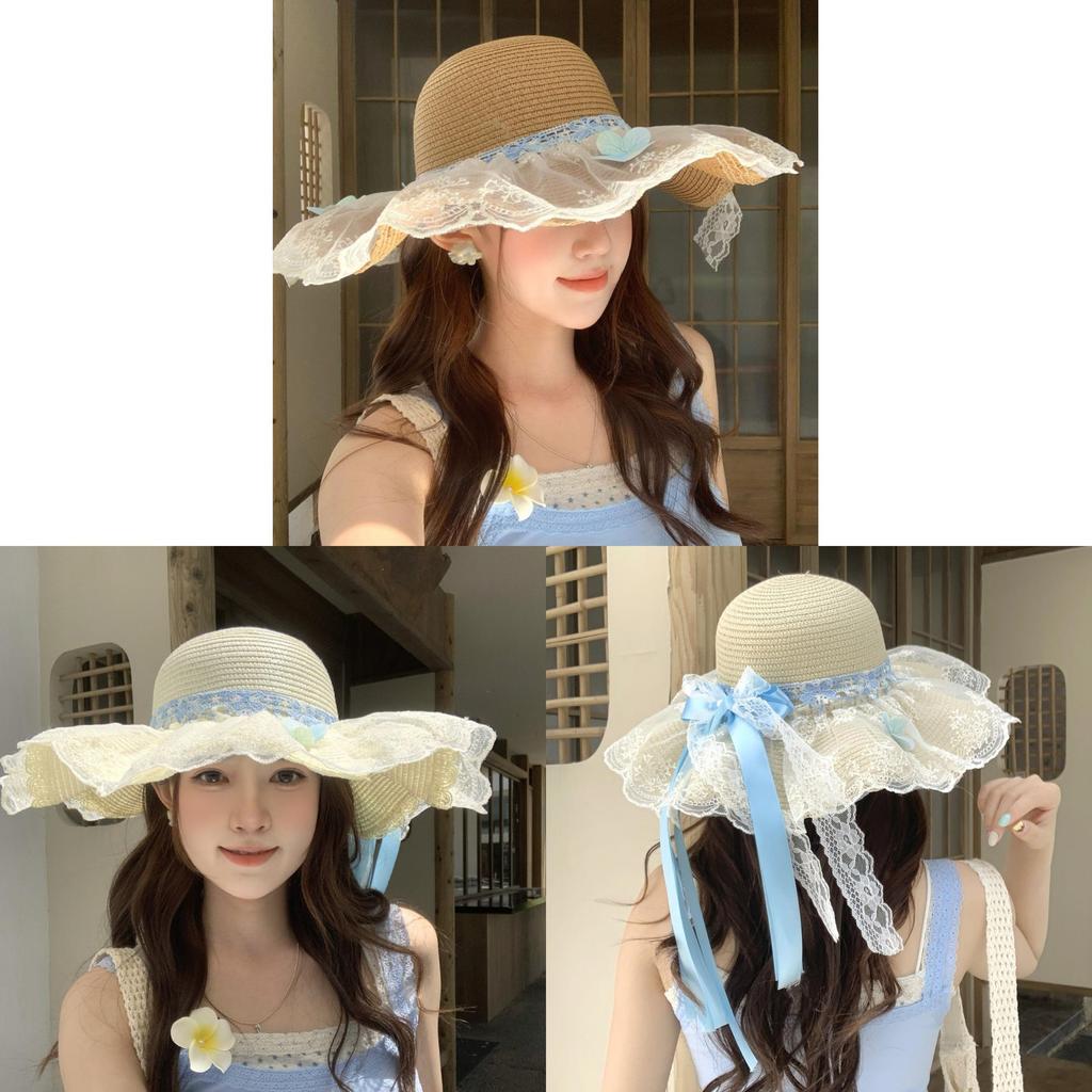 Summer Women Blue Lace Butterfly Bow Sun Hat With Wide Brim For Beach And Vacation
