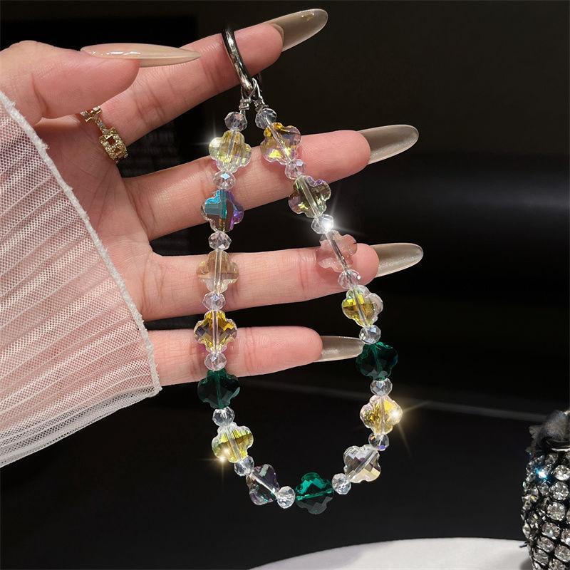 New Small Crystal Clover Bead Phone Chain On The Phone Short Wrist Rope Clip Outdoor Loss Prevention Pendant for All Phone Cases