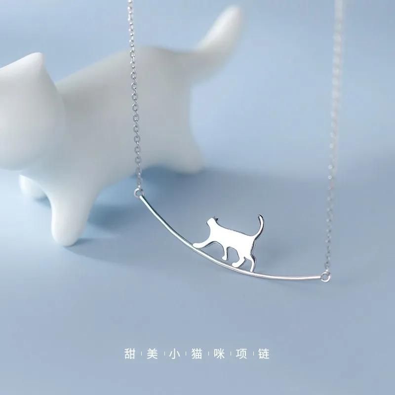 925 Silver Minimalist Cute Cat Pendant Clavicle Necklace for Women 45cm серебряный