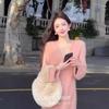 Soft Pink V-Neck Long Sleeve Knit Dress A-Line Loose Waist Womens Elegant Outfit