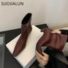 Fashion SUOJIALUN 2024 New Brand Women Ankle Boots Fashion Square Low Heel Slip On Ladies Elegant Short Boots Outdoor Dress Chelsea Boot
