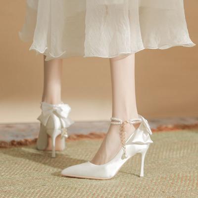 White High Heels Women's French Temperament Wedding Shoes Main Wedding Dress Bridal Shoes Versatile Daily Wear Engagement Dress Shoes