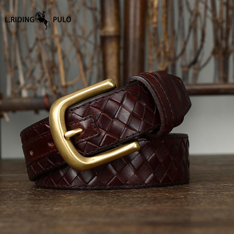 Trendy, Retro, Stylish, Versatile, Top-grain Pure Cowhide Woven Belt for Men, Genuine Leather, Copper Buckle, Woven Denim Belt