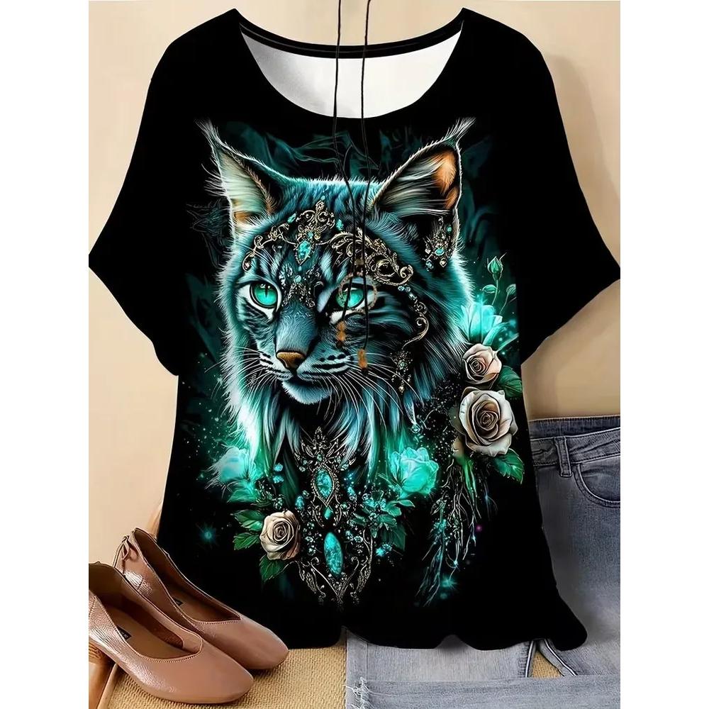 Fashion Crew Neck Women's Animal Print T-Shirt Short Sleeve Casual Loose Top Breathable T-Shirts Women’s