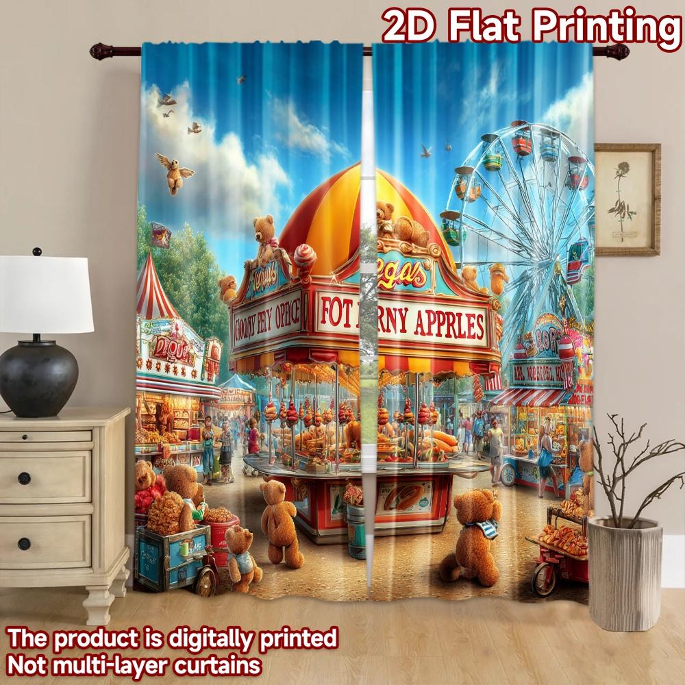 2D Flat Printing 2pcs Curtains Carnival Hot Caramel Apples Bears Digital Printed Polyester Drapes Family Party Decoration Use