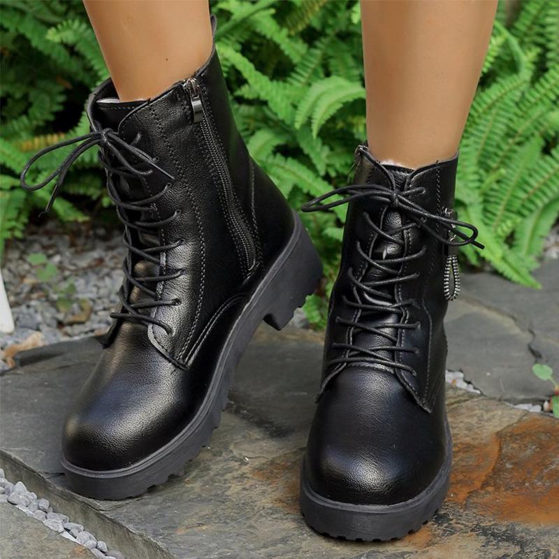 Fashion Black Pu Leather Modern Boots for Women Autumn Winter Lace Up Platform Ankle Boots Woman Zipper Short Plush Booties Female