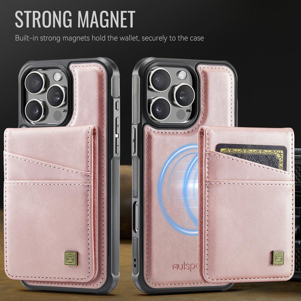 For iPhone 16 Pro Max Case AUTSPACE A12 Leather Back Cover with Magnetic Detachable Card Bag Kickstand