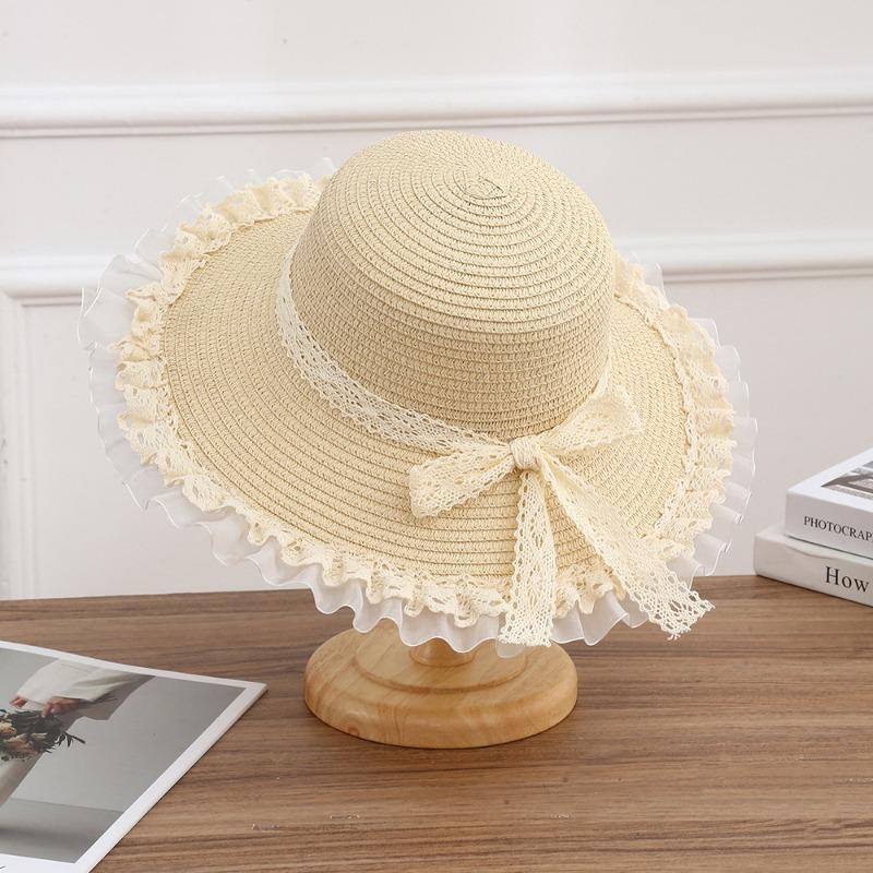 Summer Bow Sun Hat Female, Seaside Beach Vacation Sun Hat Outdoor Big Brim Sun Hat Sweet Straw Hat