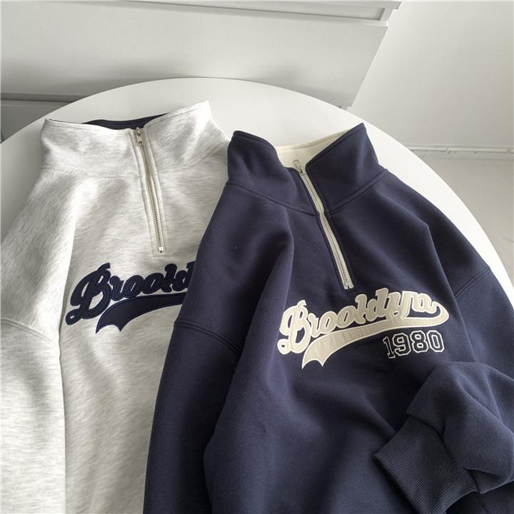 American Vintage Letter Embroidered Loose Fit Pullover Hoodie For Casual Women