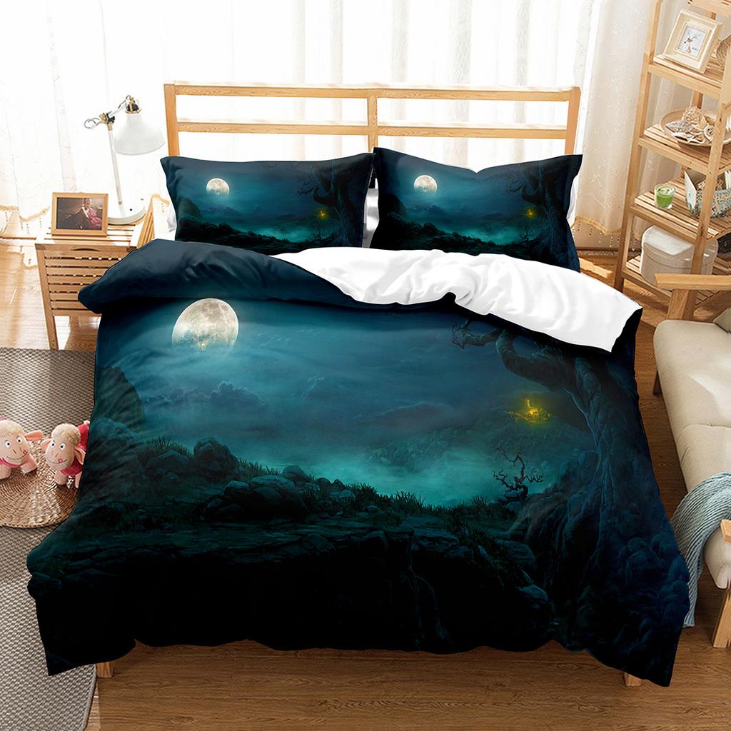 Moon Night Tree Duvet Cover Set Beautiful Landscape Pattern Polyester Comforter Cover with Pillowcase for Men Women Bedding Set