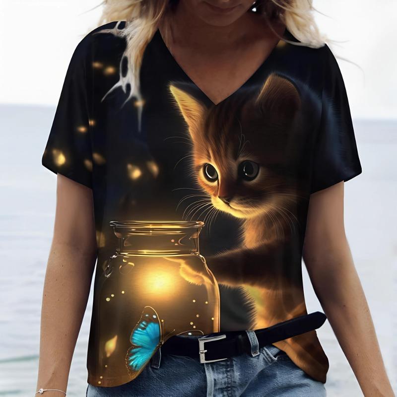 Cute Kitten Women's T-Shirts V-Neck Short Sleeve Harajuku Summer Woman Fashions Tops Loose Casual Clothing Shirts