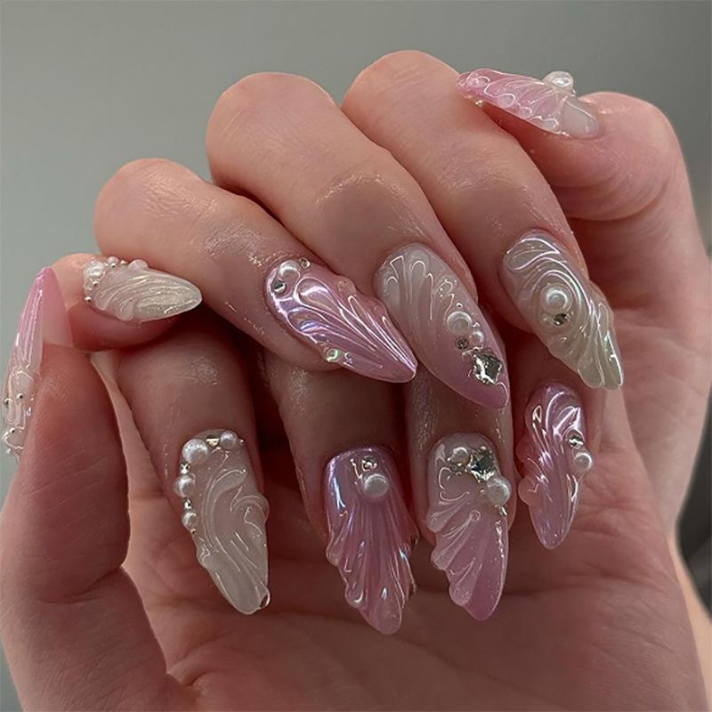 24Pcs Long Almond French Press On Nails With Pink Bow And Flower Design Oval Full Cover Fake Nail Tips
