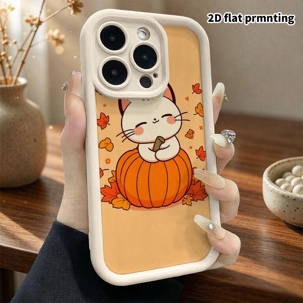 Phone case: 2D flat, suitable for iPhone 18 17 16 15 14 13 Pro protective case, pumpkin kitten, perfect Christmas and Halloween holiday gift