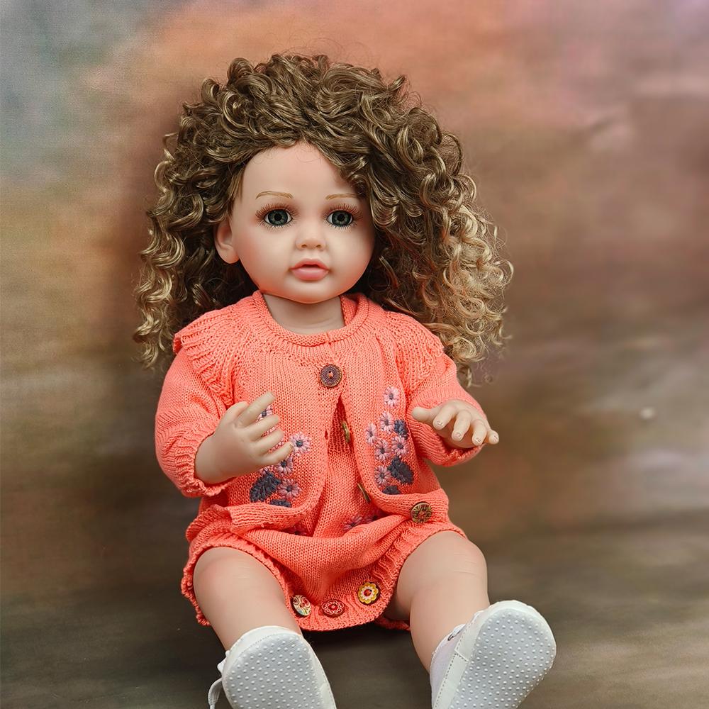 55cm Reborn Baby Doll Realistic Vinyl Girl Doll with Curly Hair Woolly Curls Cutie Knitted Outfit