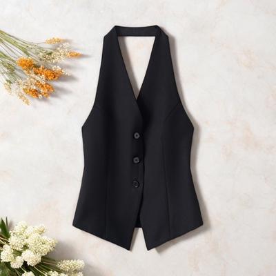 Γυναικείο Αμάνικο Crop Τοπ με Χαλινό V Λαιμόκοψη, Κουμπωτό, Ανοιχτή Πλάτη, Μπλέιζερ Γιλέκο, Vintage Κομψό Γιλέκο