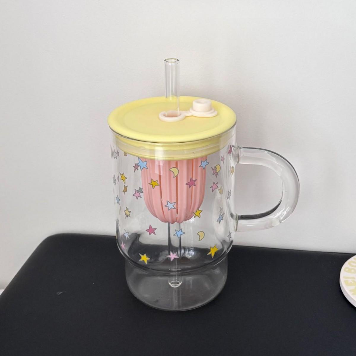 

High Borosilicate Glass Star Straw Cup Household Transparent Large Capacity Drinking Cup for Girls with Lid and Handle Straw Cup жовтий