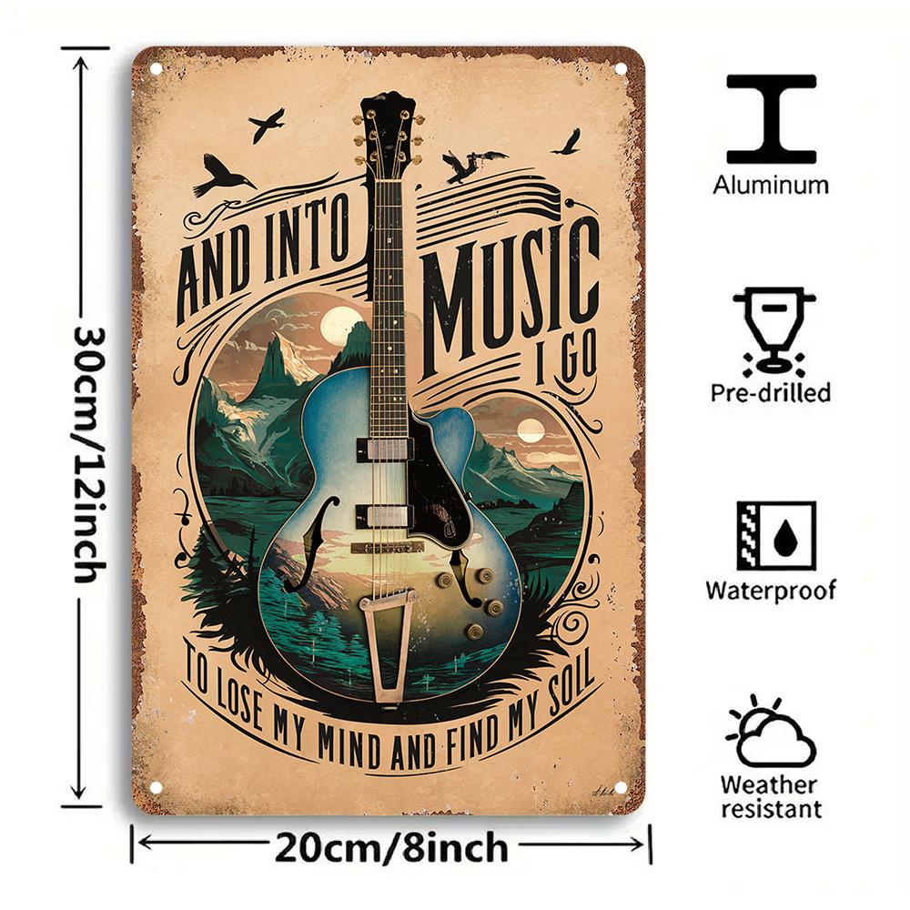 

Vintage Guitar Theme Iron Metal Wall Art And Into Music I Go Lyric Decor Plaque for Garden Bedroom or Garage 20x30cm（7.8x11.8inch）