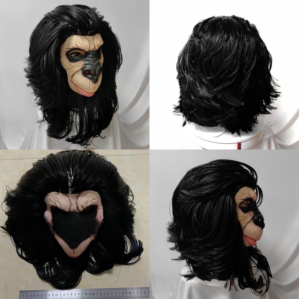 Latex Schwarzes Langes Haar Affenkopfmaske Für Halloween-Kostüme Und Party-Rollenspiel