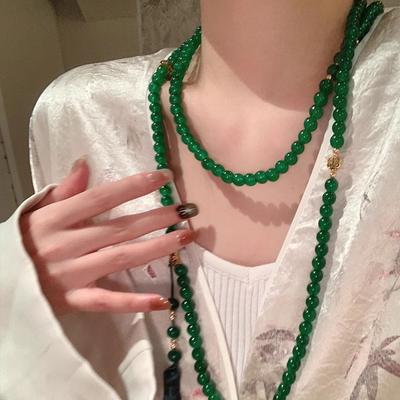 Novo colar chinês longo com contas verdes para mulheres, estilo nacional, corrente mensageiro, temperamento, acessórios de corrente para suéter multiuso