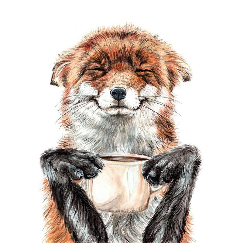 Funny Animal, Tiger, Owl, Dog, Cat Drinking Coffee, Poster, Canvas, Painting, Lama, Latte, Coffee, Art Painting for Decoration Cafe