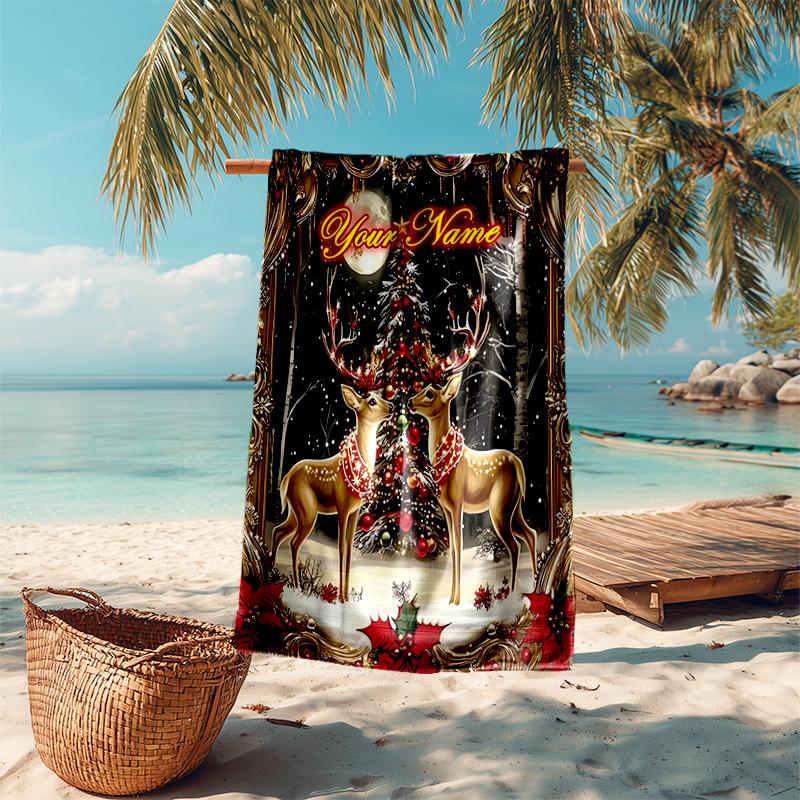 1PC Custom Name Winter Wonderland Deer Beach Towel Highly Absorbent And Sand-Resistant Towel for Swimming, Pool, Yoga, And Travel Lightweight
