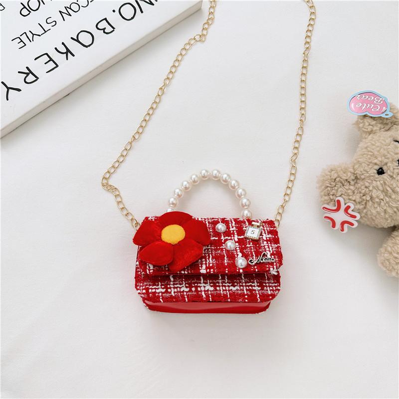 Kids Red Chain Crossbody Bag With Flower And Artificial Pearl Handle Design