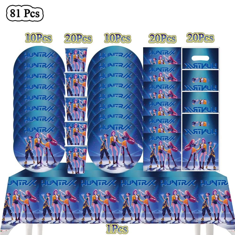 Kpop Demon Hunters Birthday Party Decor Korean  Anime Set Tableware Tablecloth Cup Balloon Cake Topper Baby Girl Favor Supplies