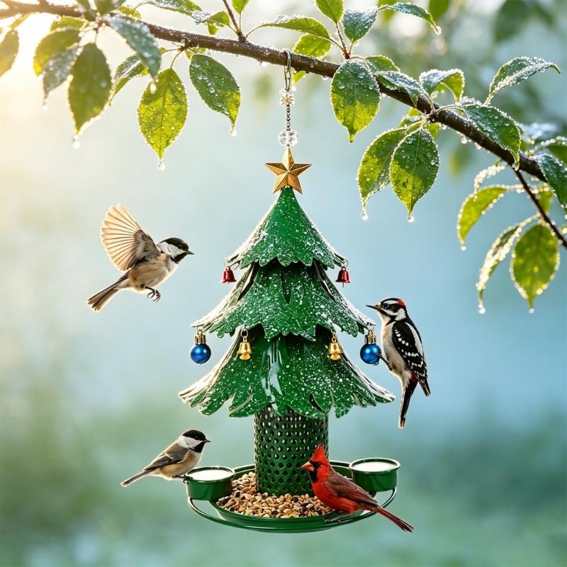 Winter Outdoor Songbird Dining Station for Garden Display, Christmas Tree Form Hanging Accent for Porch and Yard Placement Y5GB