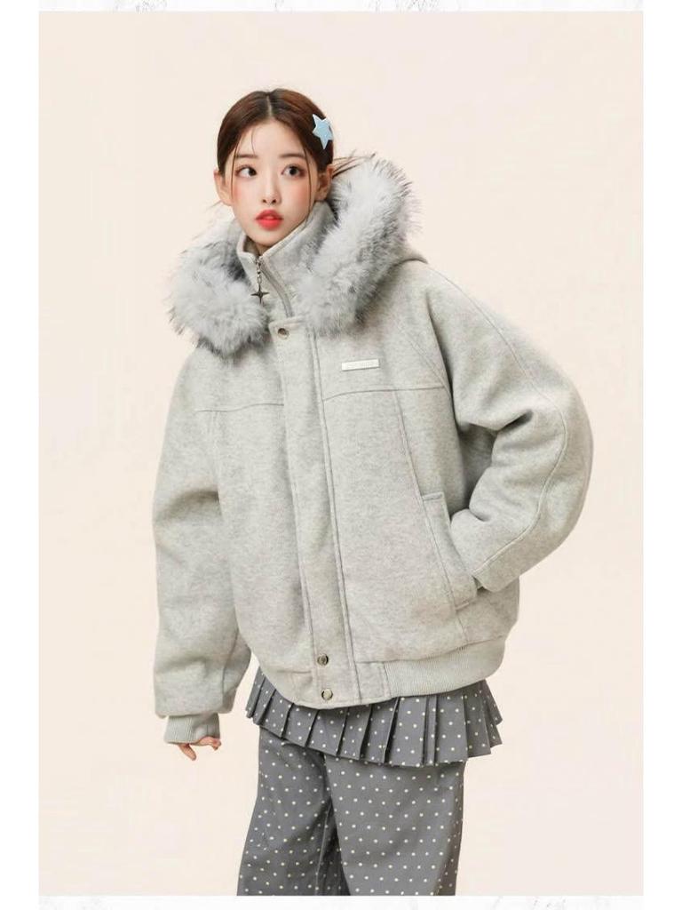 Men's Winter Wool Coat with Large Fur Collar - Mountain Eagle Hooded Heavyweight Jacket