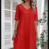 Women V Neck Half Button Midi Dress Short Sleeve Linen Cotton Loose Straight Dress With Pockets Casual Summer Vacation Dress