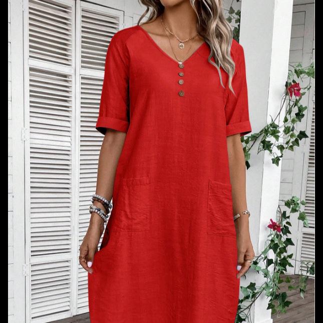 Women V Neck Half Button Midi Dress Short Sleeve Linen Cotton Loose Straight Dress With Pockets Casual Summer Vacation Dress