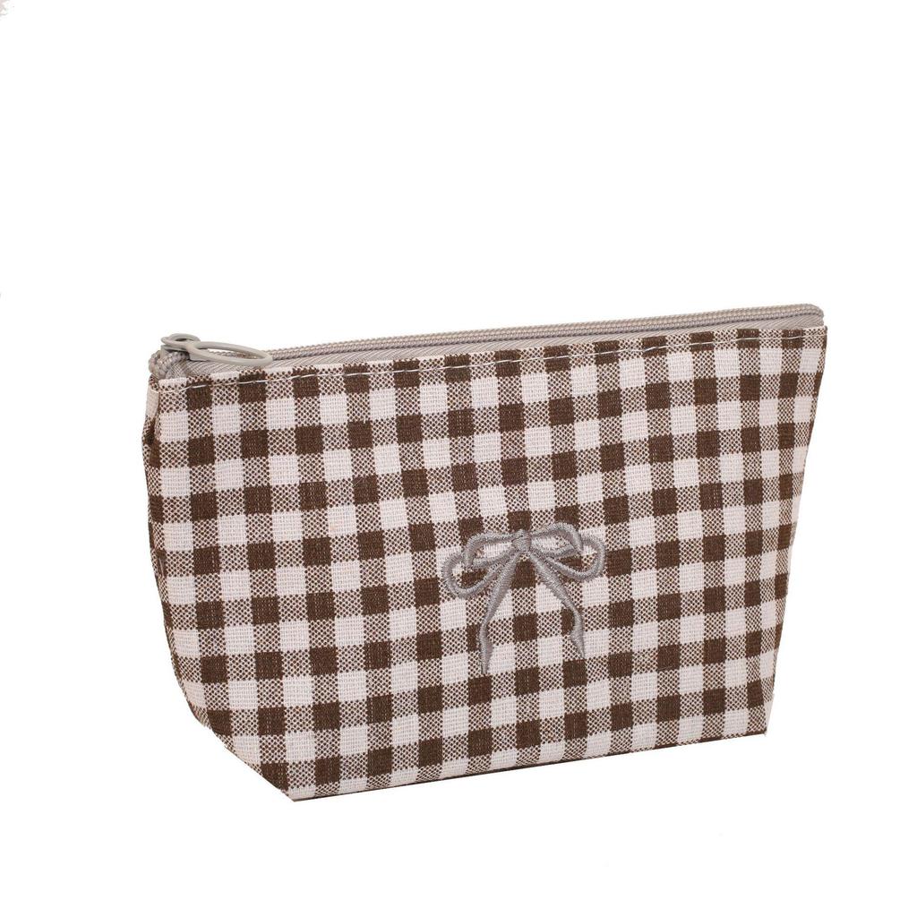 Large Plaid Makeup & Toiletry Bag with Bow Embroidery - Portable Handheld Storage & Student Pencil Case