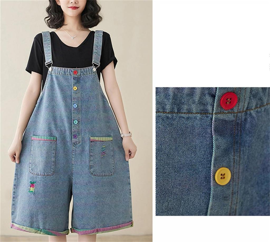 Denim Loose Solid Color Short Denim Wide Leg Summer with Pockets [Mohokyo] Women's Shorts, Fit, Overalls, Jeans, Pants, 5/8 Length, Pants, Casual,