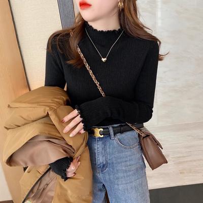 Pilzrand Basis-Shirt Damen Neu Herbst und Winter Unterwäsche mit schwarzem Halbrollkragenpullover und weißem Winter-Strickoberteil