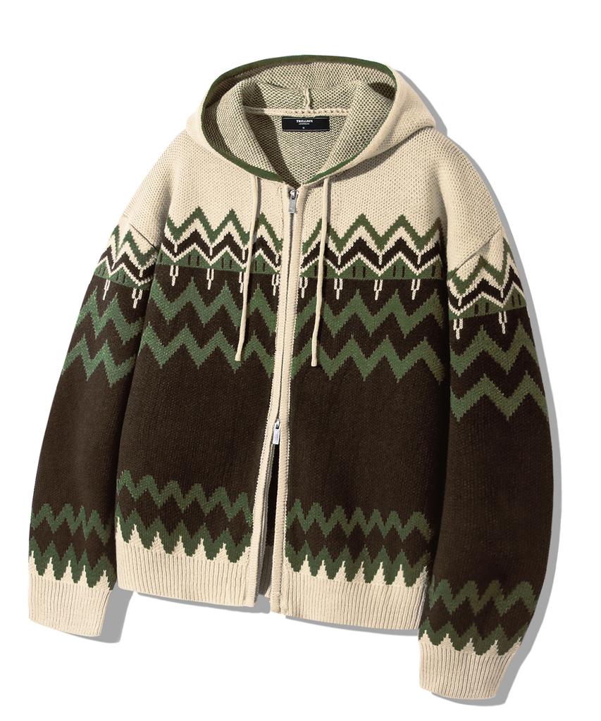 TRILLION Washable Nordic Jacquard 2-Way Hooded Zip-Up Knit [Beige]