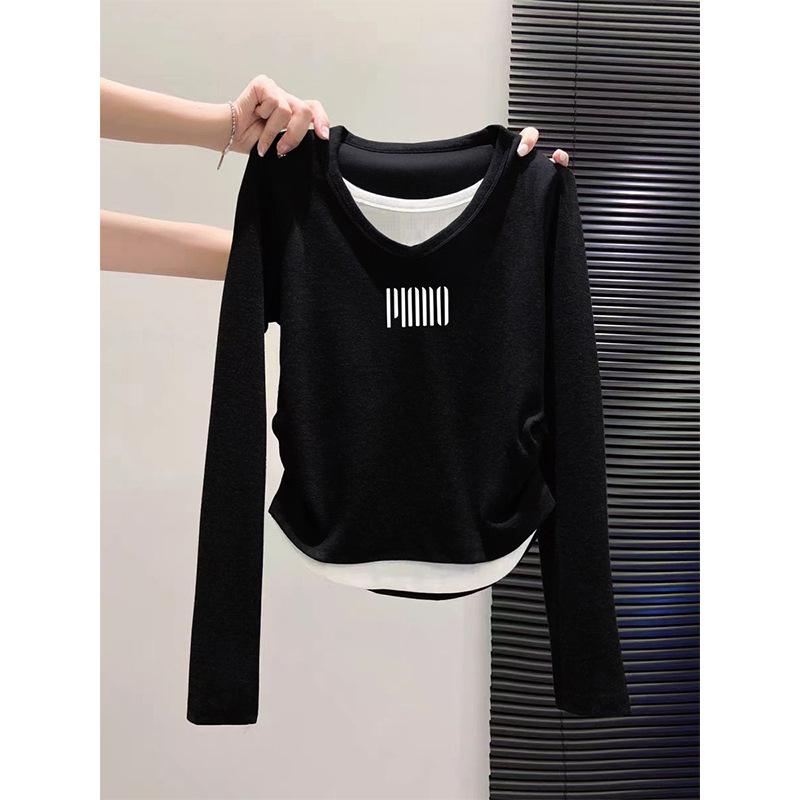 

2026 Faux Two-Piece V-Neck Long-Sleeve Women s T-Shirt: Fashionable, Versatile, Waist-Cinched, Slimming Base Layer for Spring, Autumn, and Winter Medium