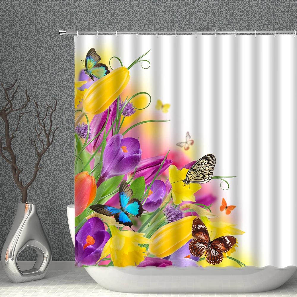 Plant Floral Shower Curtain 3D Butterfly Flower Natural Landscape Bathroom Curtains Polyester Fabric With Hook Home Bath Decor